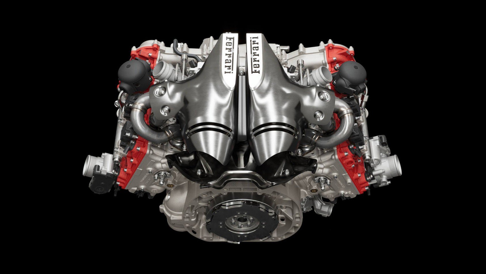 Silnik Ferrari 296 GTB z czerwonymi elementami