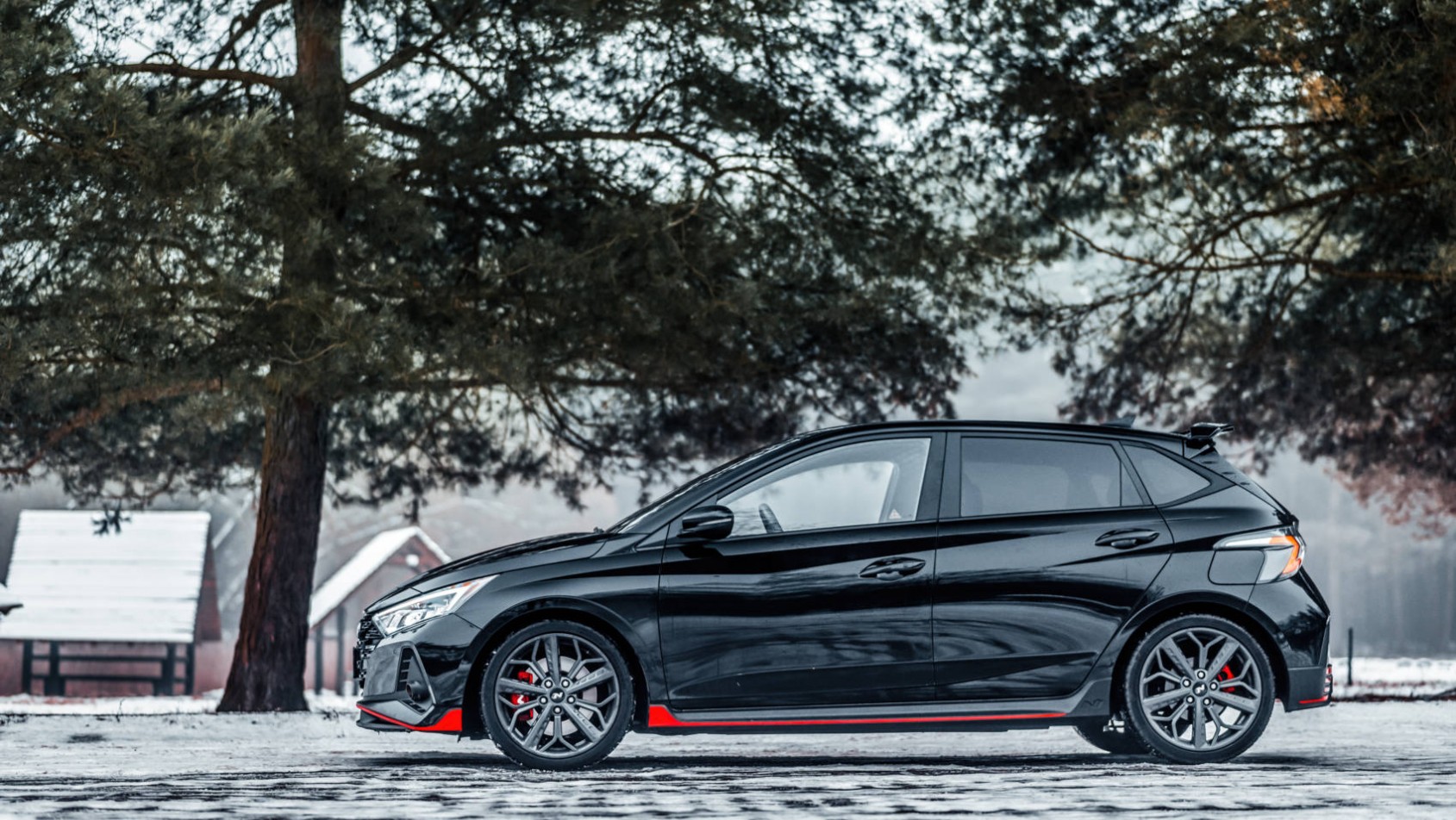Hyundai i20 N na tle zimowego krajobrazu