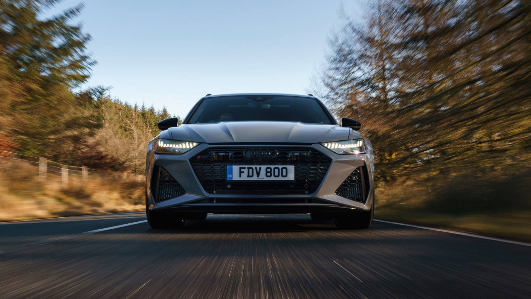 Audi RS6 na drodze wśród drzew