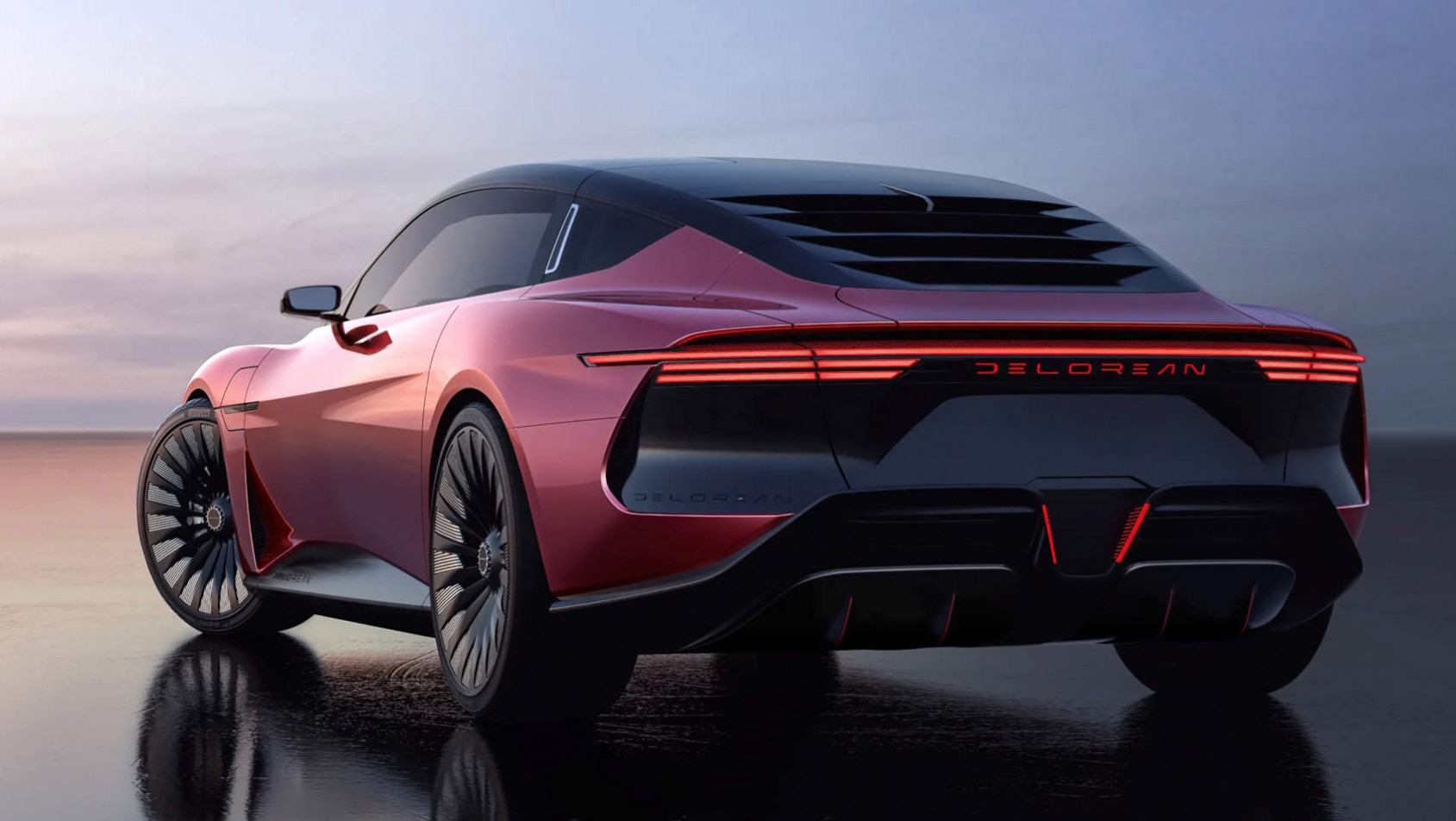 DeLorean Motor Company Alpha 5 na tle krajobrazu