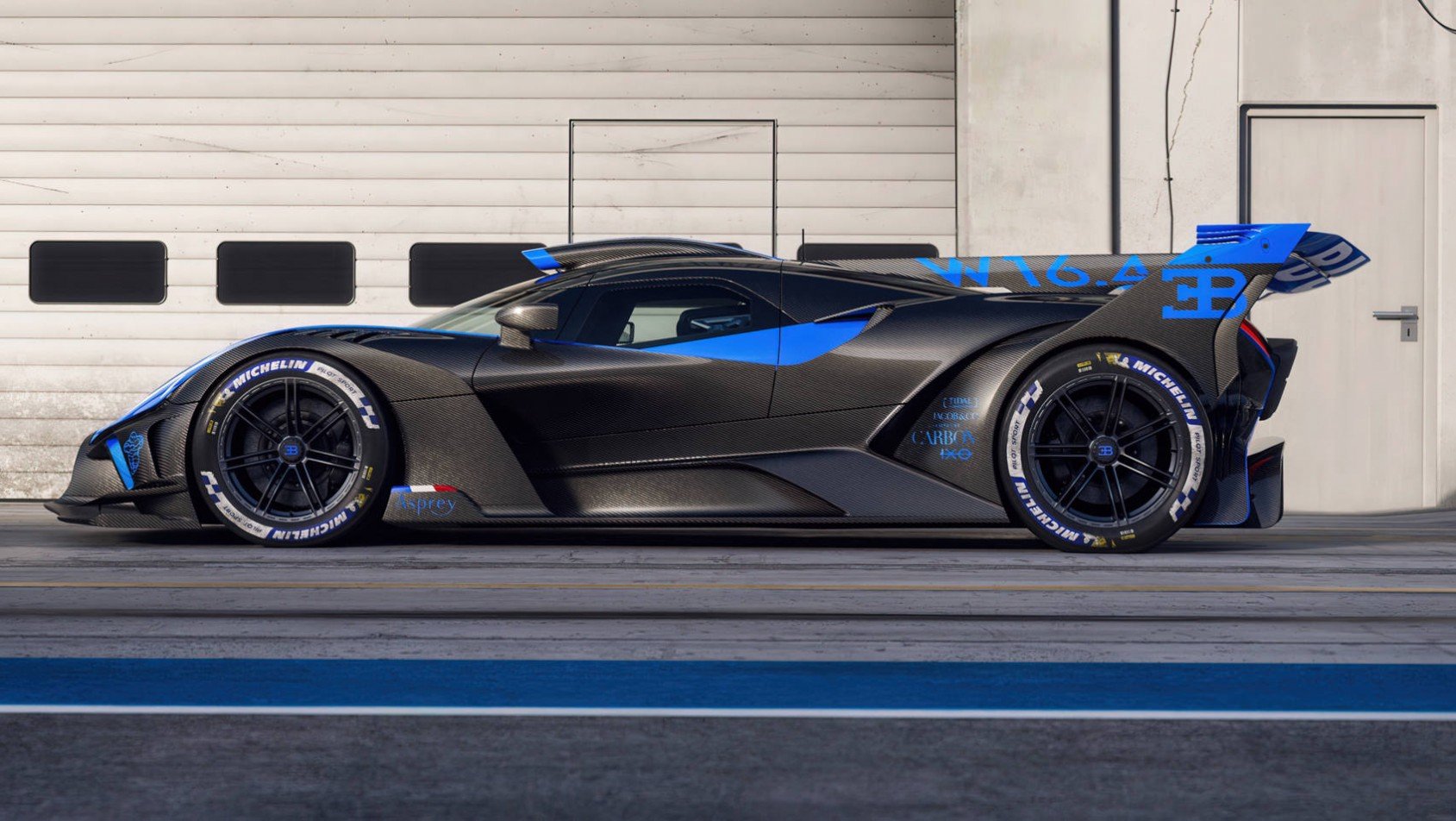 Bugatti Bolide Bugatti Bolide przed garażem