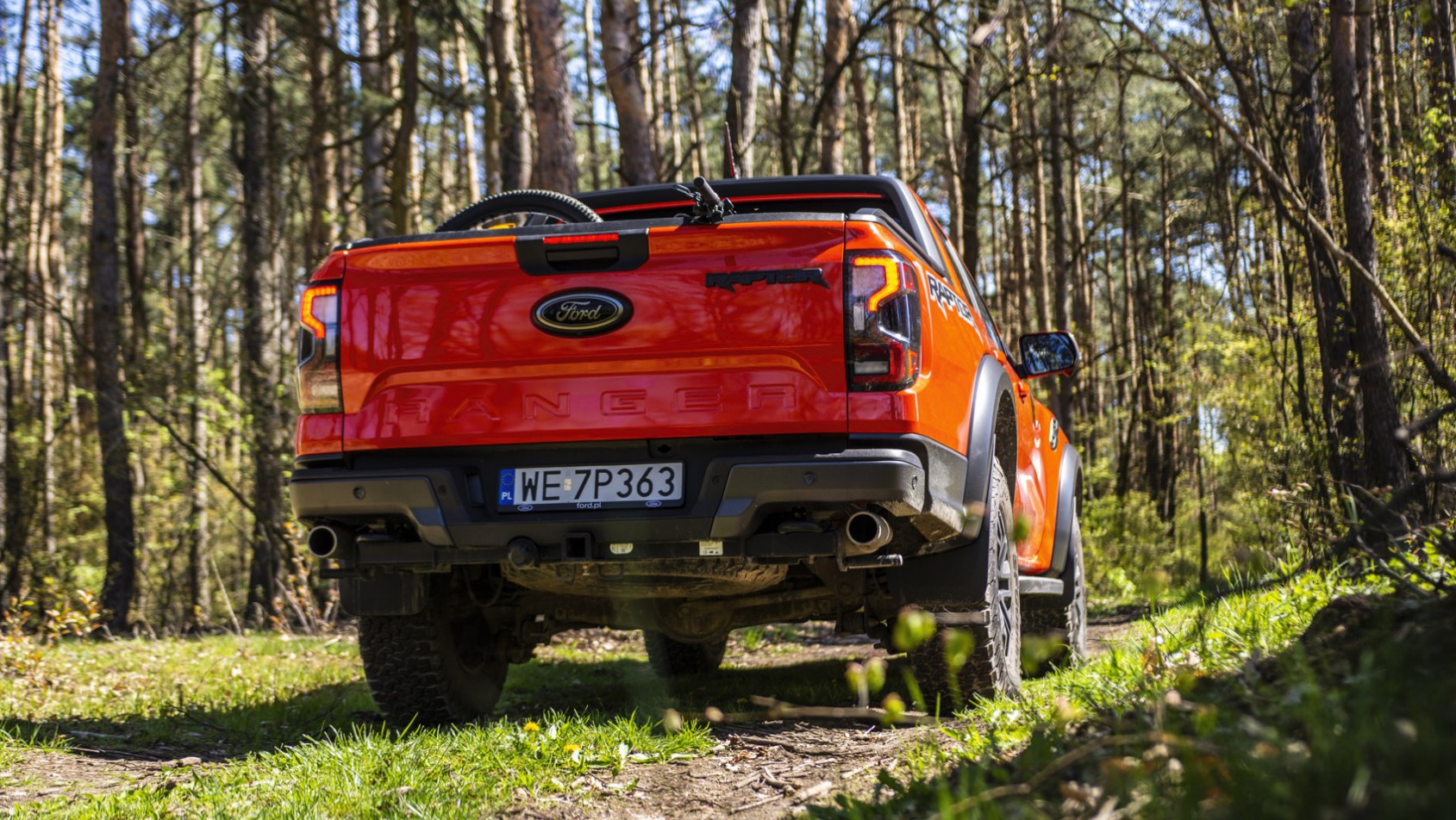Ford Ranger Raptor w lesie tył