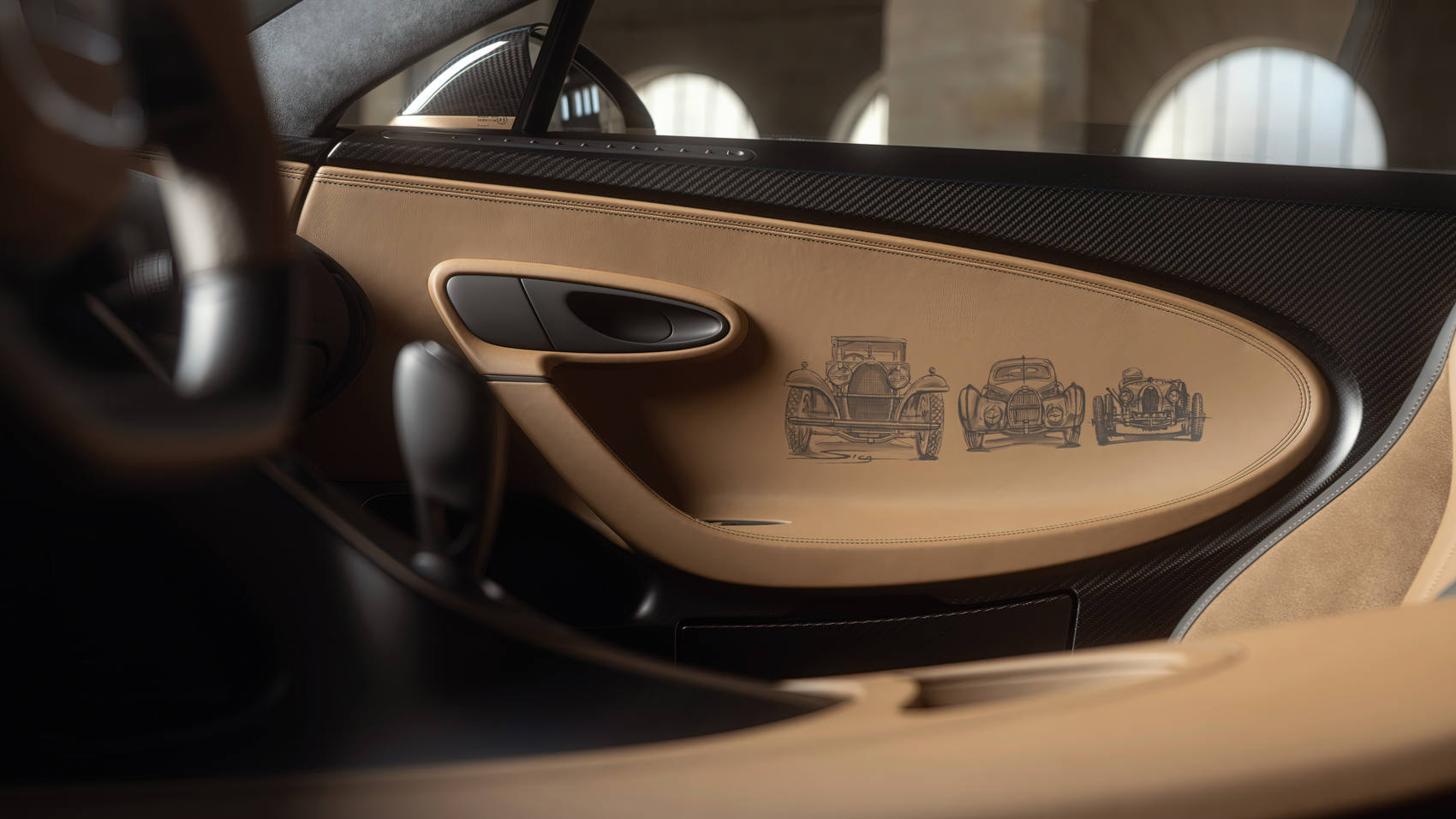 Bugatti Chiron Golden Era rysunki na boczku drzwi