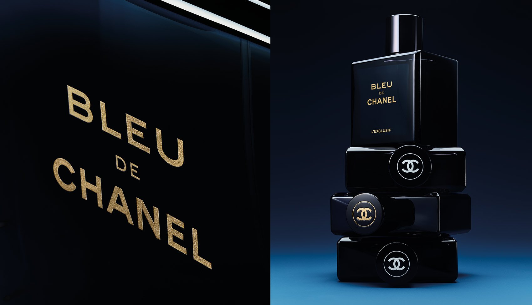 Zbliżenie na napis BLEU DE CHANEL na flakonie i kompozycja butelek ustawionych w stos z widocznym logo CHANEL