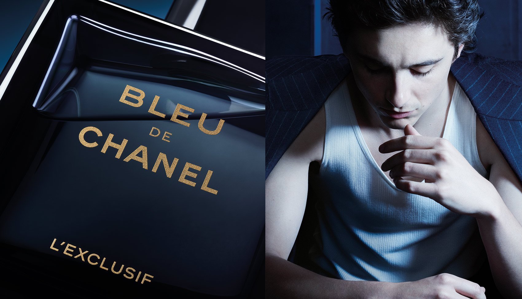 Flakon BLEU DE CHANEL L’Exclusif obok ambasadora zapachu – Timothée Chalamet w kampanii reklamowej