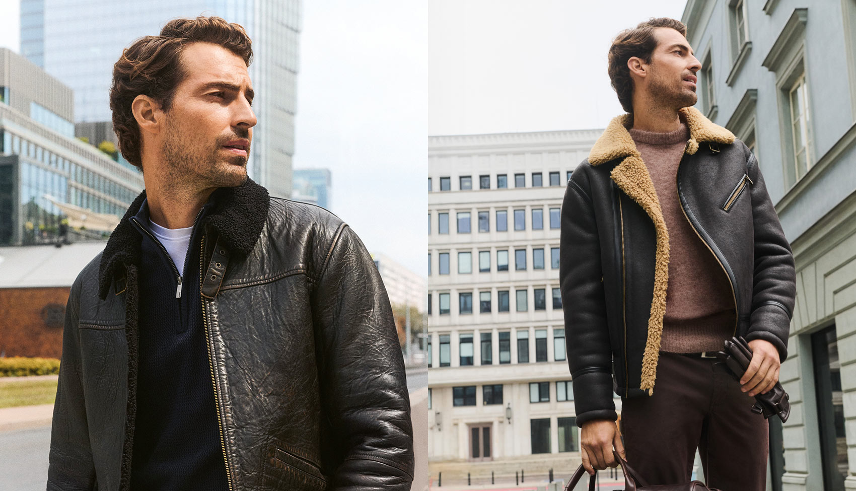 Mężczyzna w skórzanej kurtce typu pilotka i kożuchu OCHNIK – jesienno-zimowa kolekcja dla stylowego mężczyzny