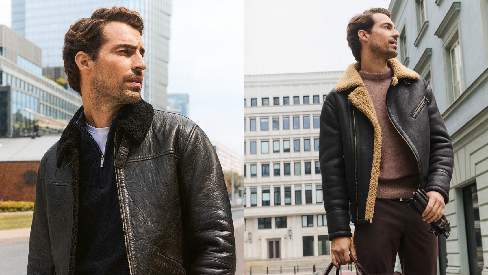 Mężczyzna w skórzanej kurtce typu pilotka i kożuchu OCHNIK – jesienno-zimowa kolekcja dla stylowego mężczyzny