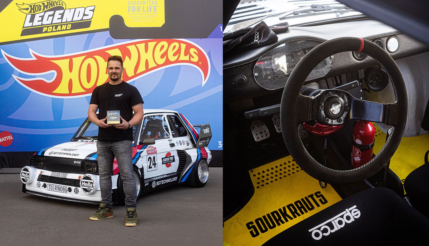 Paweł Czarnecki i jego Fiat 126P Bis Fiat 126P Bis przed scenografią Hot Wheels podczas finału Legends Tour 2025.