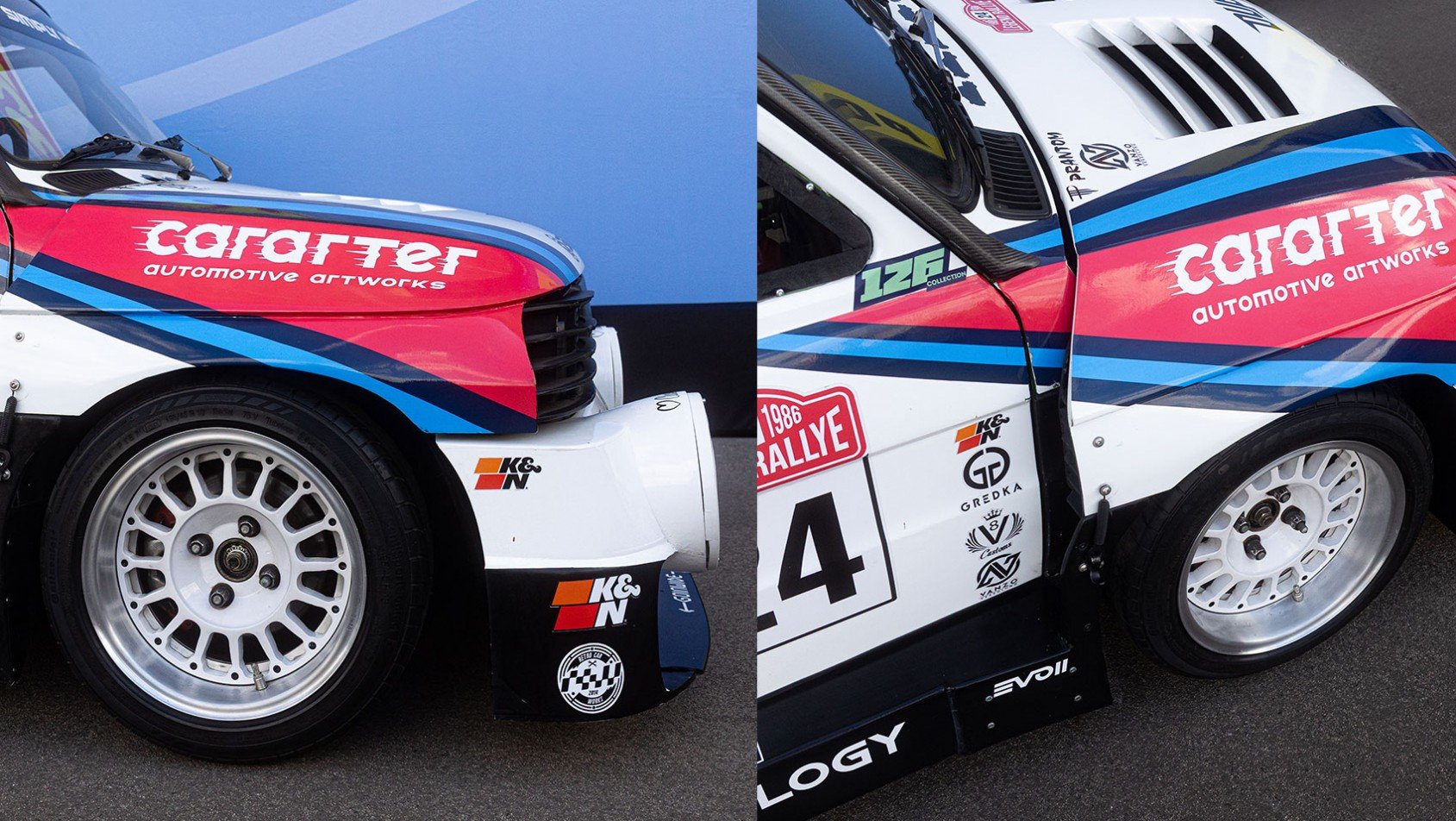 Zbliżenia na poszerzenia i elementy nadwozia rajdowego Fiata 126P Bis.