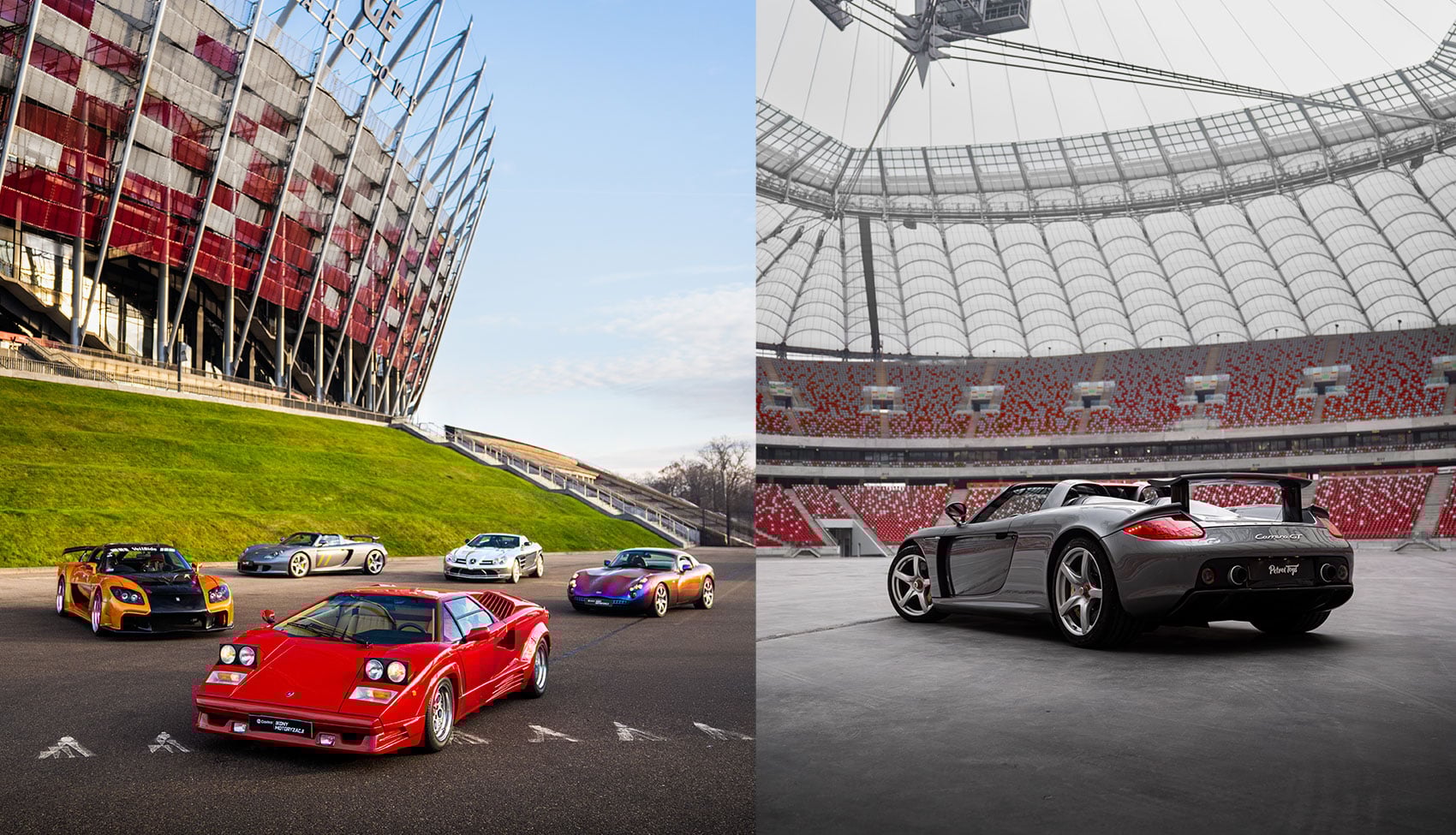 Supercary Wystawy Castrol Ikony Motoryzacji przed PGE Narodowym i Porsche Carrera GT na płycie stadionu Lamborghini Countach, TVR Tuscan, Porsche Carrera GT i inne supercary przed PGE Narodowym oraz Porsche Carrera GT ustawione na płycie stadionu