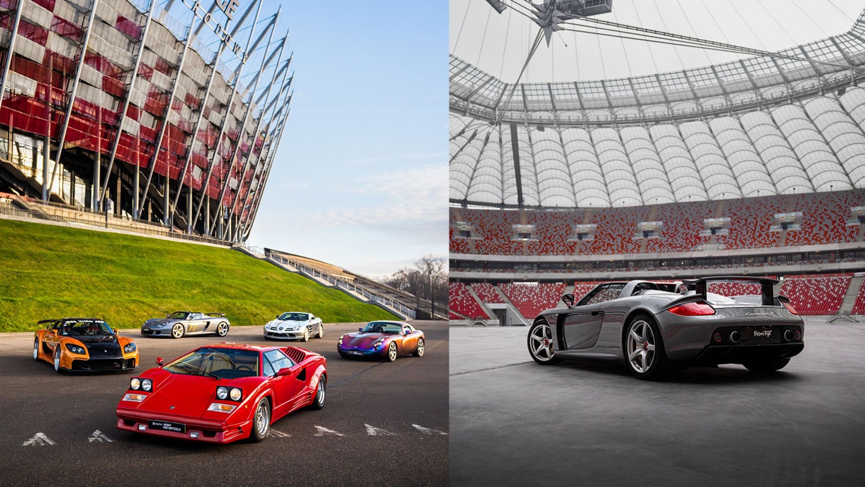 Lamborghini Countach, TVR Tuscan, Porsche Carrera GT i inne supercary przed PGE Narodowym oraz Porsche Carrera GT ustawione na płycie stadionu