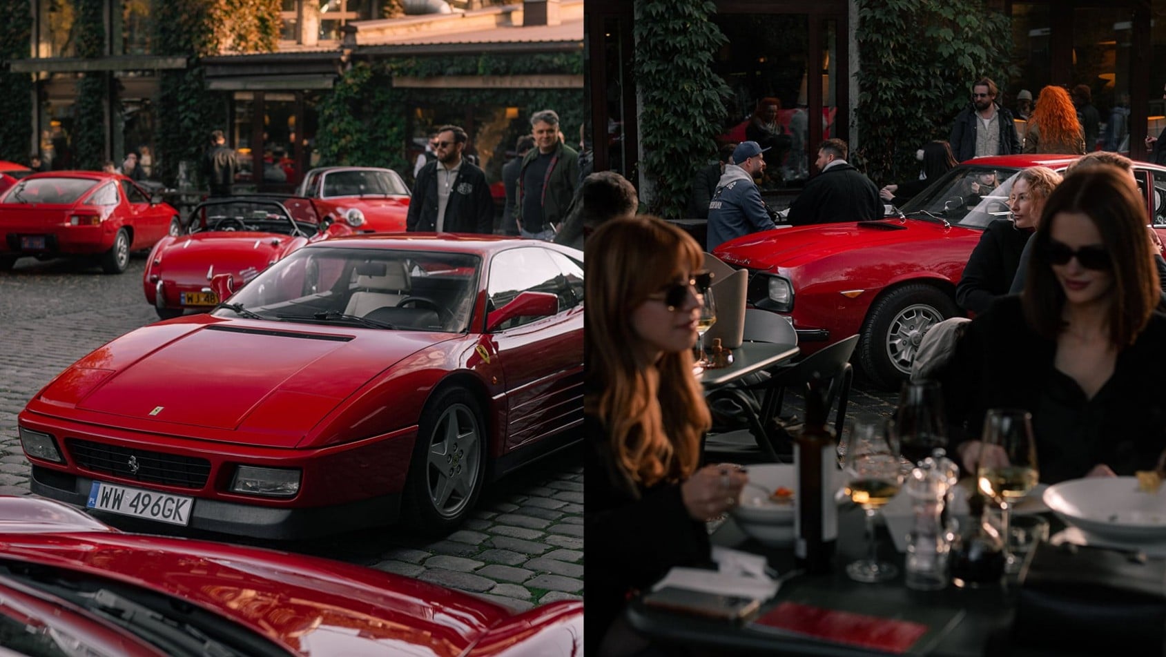 Klasyczne Ferrari zaparkowane w miejskiej przestrzeni podczas wydarzenia RoadFlavor