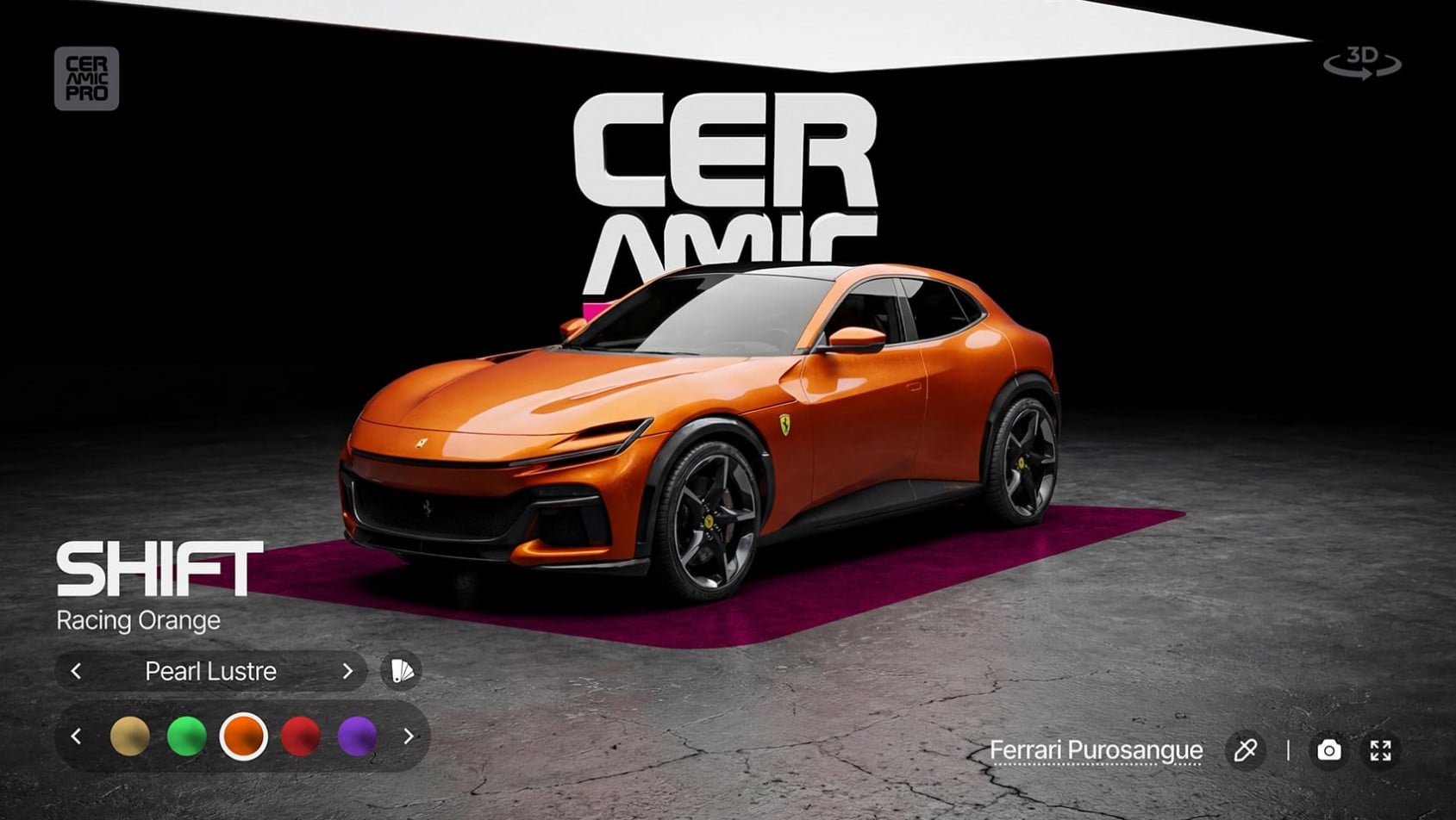 Samochód sportowy zabezpieczony folią Ceramic Pro SHIFT – wizualizacja koloru