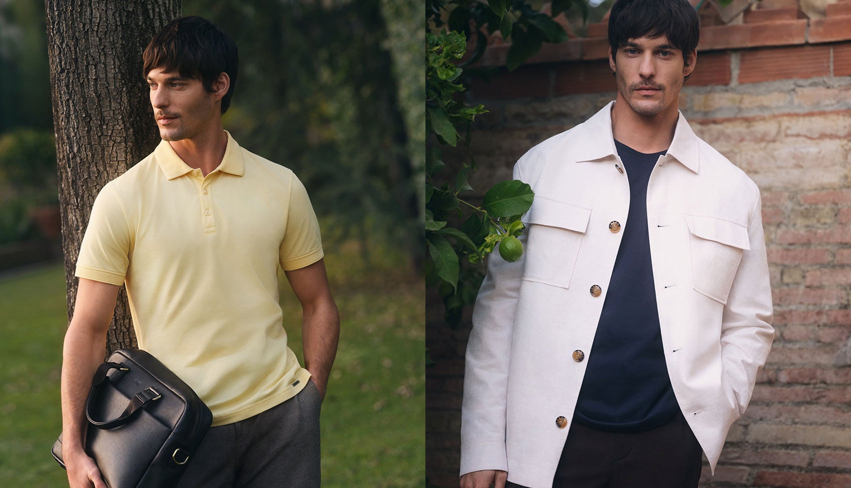 Mężczyzna w żółtej koszulce polo OCHNIK trzymający czarną skórzaną torbę Styl miejski OCHNIK – koszulka polo i skórzana torba