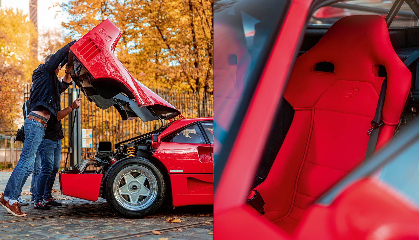 Otwarta tylna klapa Ferrari F40 oraz sportowy fotel we wnętrzu
