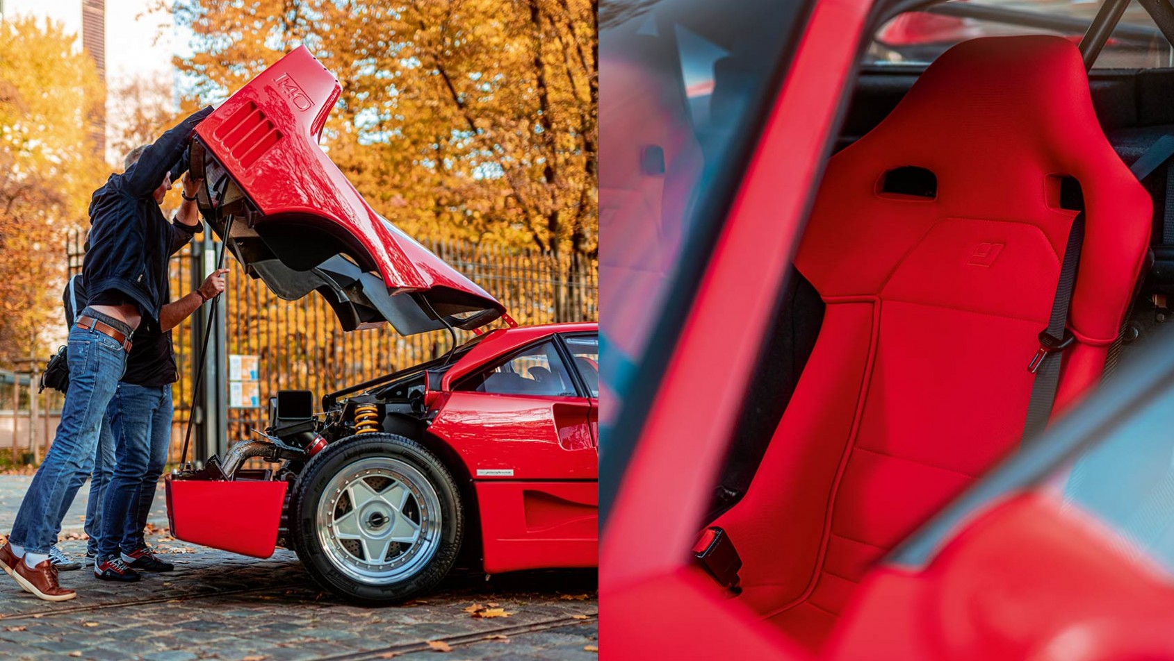 Otwarta tylna klapa Ferrari F40 oraz sportowy fotel we wnętrzu