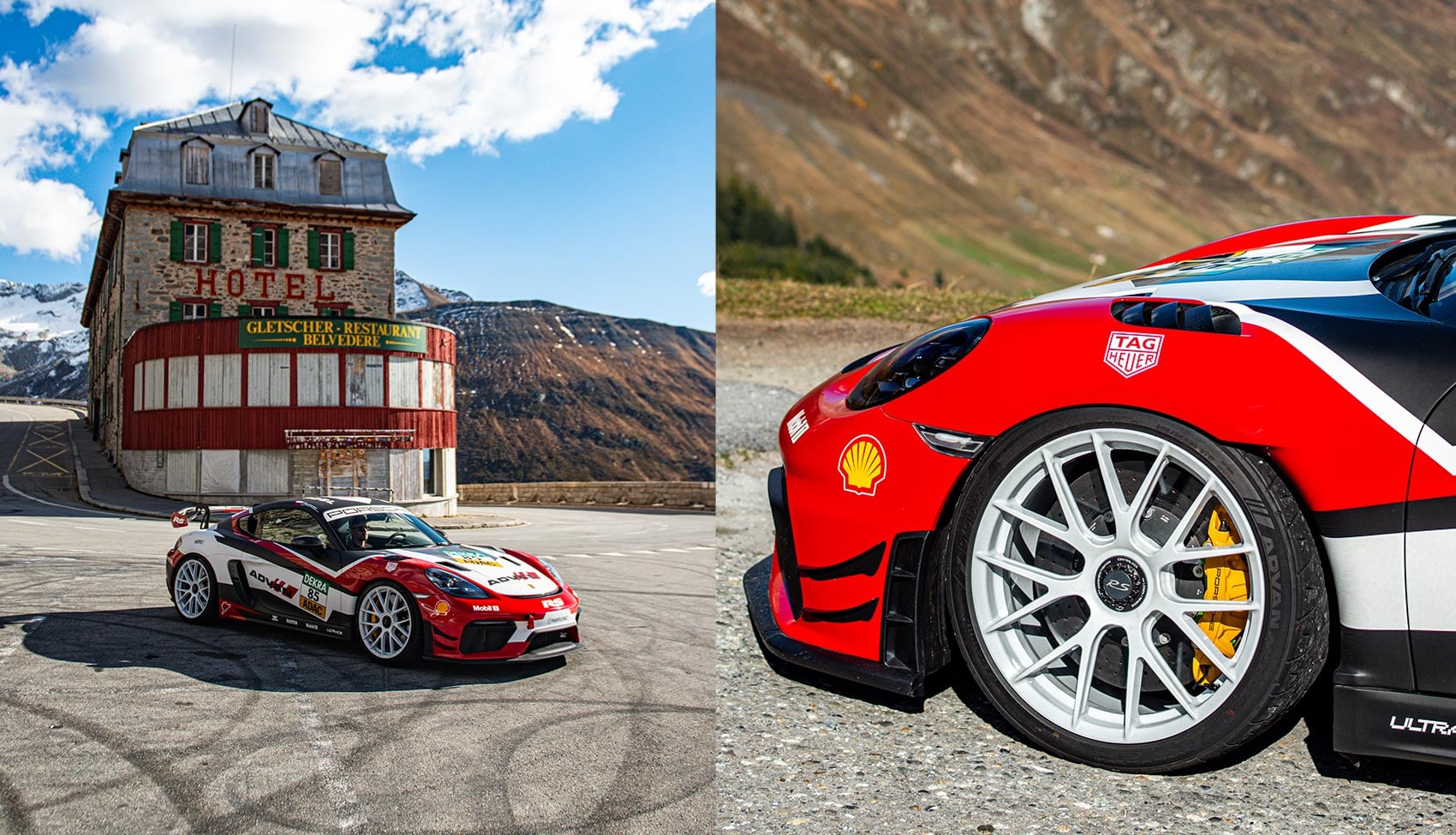 Porsche Cayman GT4 RS przy zabytkowym hotelu Belvédère na&nbsp;przełęczy Furka oraz zbliżenie na&nbsp;przednie koło z&nbsp;oponą Yokohama AD09