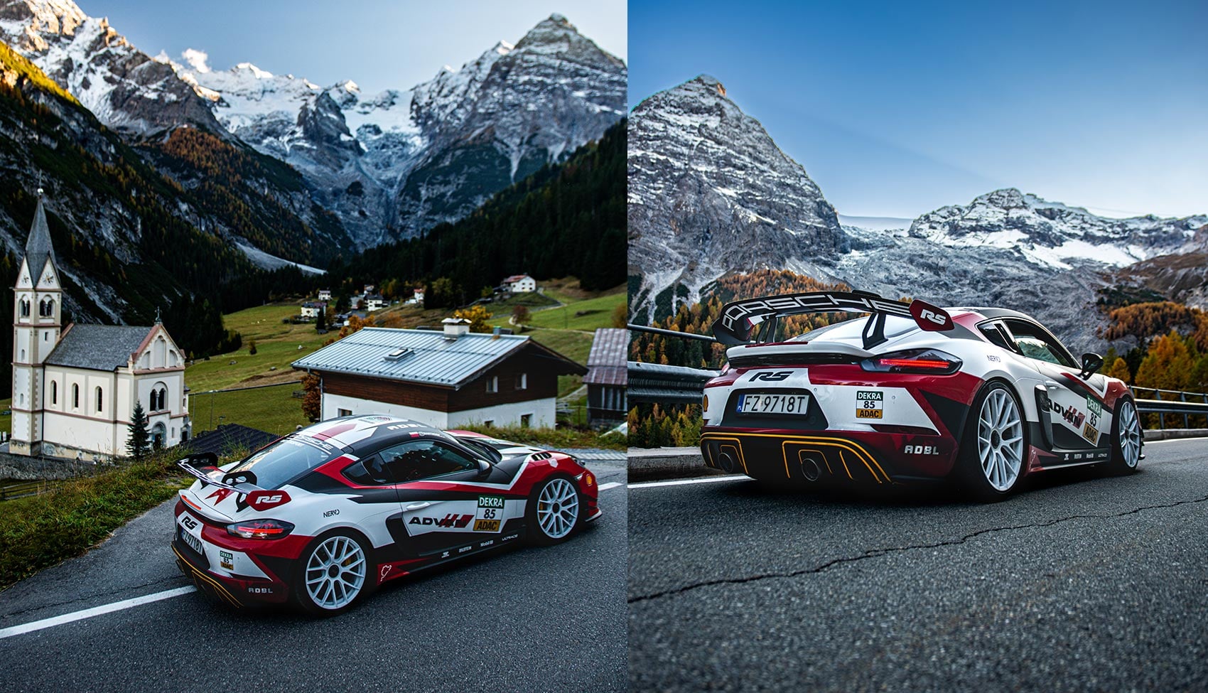 Porsche Cayman GT4 RS na tle górskiego kościoła oraz alpejskich szczytów w Szwajcarii