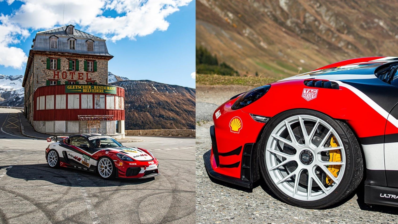 Porsche Cayman GT4 RS przy zabytkowym hotelu Belvédère na przełęczy Furka oraz zbliżenie na przednie koło z oponą Yokohama AD09