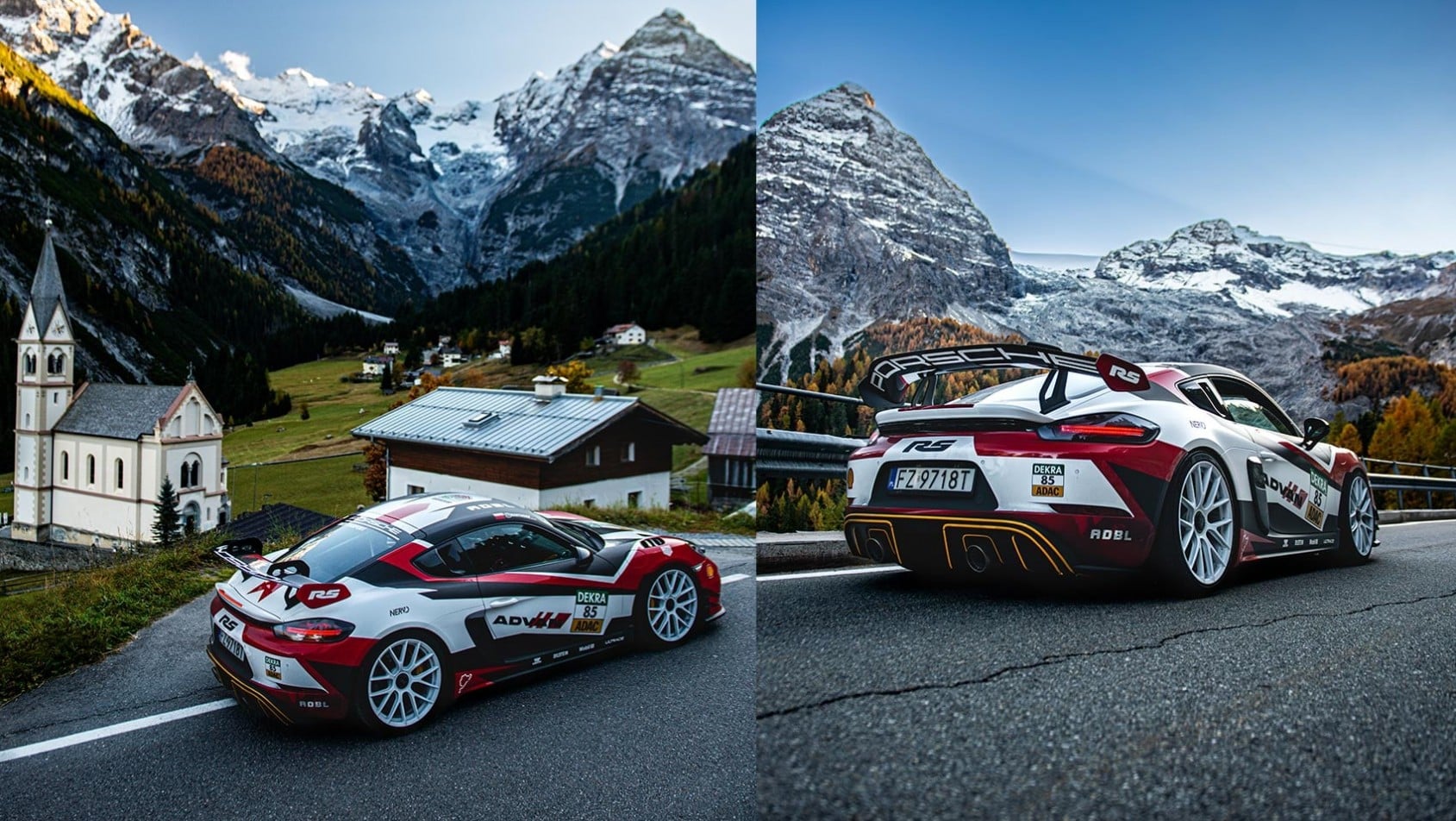 Porsche Cayman GT4 RS na tle górskiego kościoła oraz alpejskich szczytów w Szwajcarii